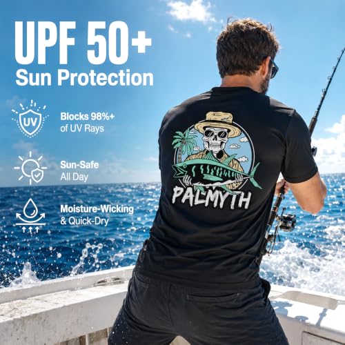 Palmyth Men's Short Sleeve Fishing Shirt UPF 50+ Quick Dry T-Shirt Black Skull Large