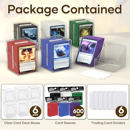 YSCare Card Deck Boxes Set with 6 Color Sleeves & 600 Card Sleeves - Clear Case & Dividers