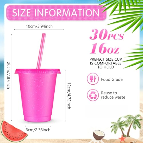 Reusable Plastic Cups with Lids and Straws - 16 oz Hot Pink Glitter Kids Drinkware - 30 Pack