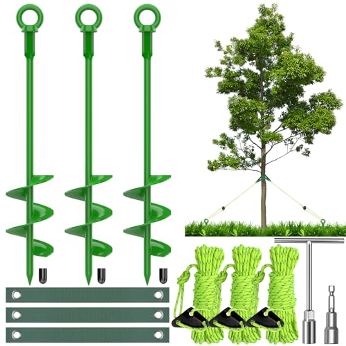 Tree Stake Kit 3-Pack for Leaning Trees, 18-Inch Support Stakes with Straps - Green-03