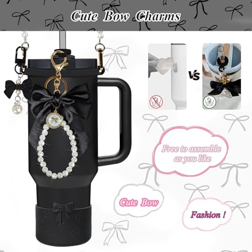 Bow Stanley Cup Accessories Set Including Siliocne Straw Cover, Siliocne Boot, Water Bottle Handle Strap, Stanley Charms for Stanley Cup 40oz 30oz Tumbler with Handle