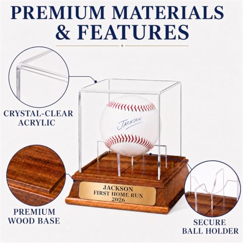 Personalized Baseball Display Case - Listing Variation: Baseball Display Case, Solid Wood Base, Clear Cover, Custom Nameplate, Holds 1 Baseball