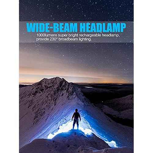 LED Headlamp Flashlight, 1000L 230¡Æ Broadbeam Headlight, USB C Rechargeable Head Lamp with Red Taillight, Lightweight Waterproof Headlamps for Camping Running Hiking, Hard Hat Headlamp 1Pack