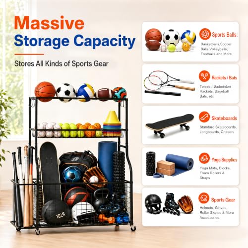 DuraMax Garage Sports Storage Rack with Wheels, Ball & Equipment Organizer
