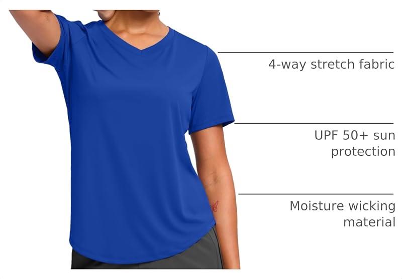 Womens V-Neck Dry Fit Workout Shirt - Short Sleeve Sun Protection, Large, Blue