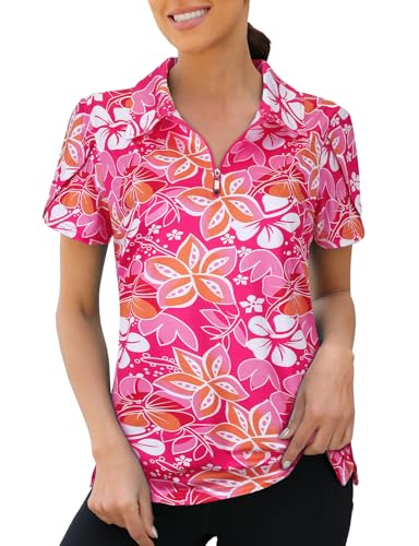 Viracy Women's Golf Polo Shirts 1/4 Zip Overlap Short Sleeve Quick Dry Workout Top - Large Flowers-2