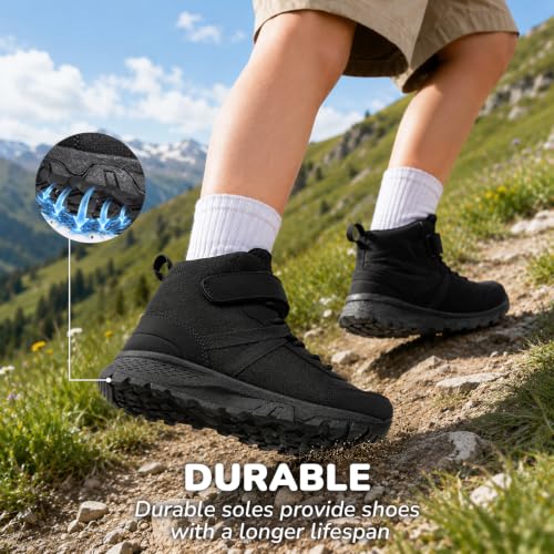 Kids Waterproof Non-Slip Hiking Boots for Girls and Boys - Midnight Black, Size 3 Big Kid