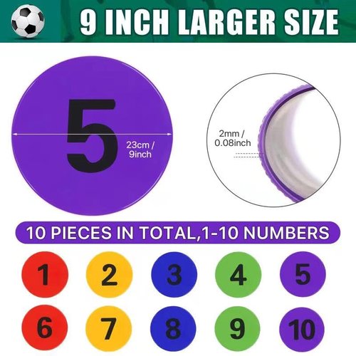 9 inch Numbered Spot Markers Flat Cones Non-slip Poly Spots Floor Dots Agility Markers for Kids Soccer Basketball Sports Speed Agility Training, Preschool Classroom Activities, Social Distancing