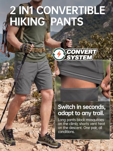FREE SOLDIER Mens Hiking Pants Convertible Cargo Pants - 34W x 32L Gray