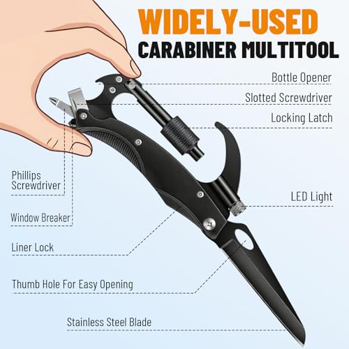 7-in-1 Carabiner Multi-Tool with Pocket Knife, LED Light & Window Breaker for Camping and Outdoor Survival