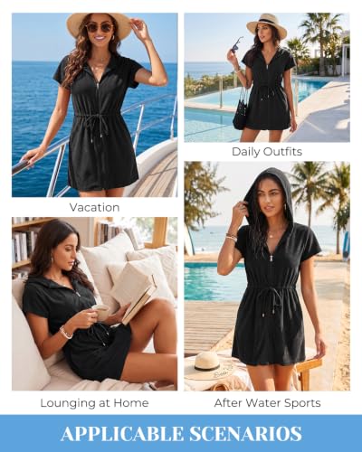 Large Women's Hooded Terry Cloth Swim Cover Up with Zipper & Pocket - Black