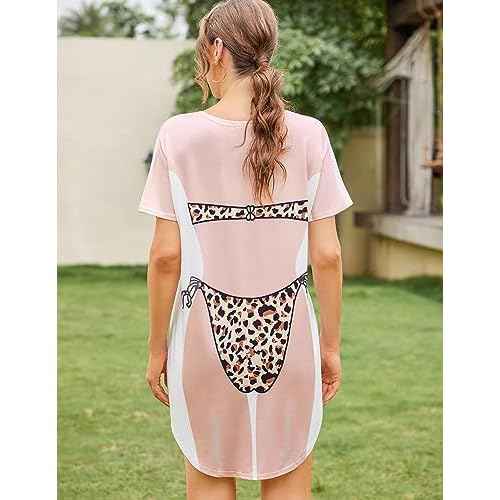Ekouaer Women's Bikini Shirt Cover Up Short Sleeve Cute Bikini Print Cover-Up Baggy T Shirt Dress Fun Wear