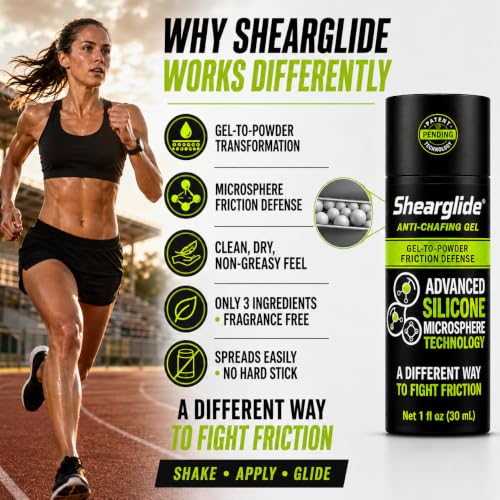Shearglide Anti-Chafing Gel 1 oz - Gel-to-Powder Friction Relief for Running & Sports