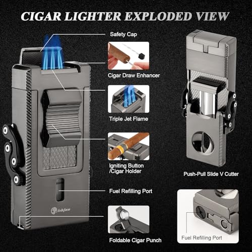 Gray Multifunctional Cigar Lighter with Built-in Cutter & Accessories - All-in-1 Torch