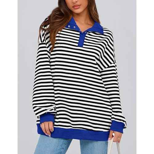 PRETTYGARDEN Women's Oversized Striped Sweatshirts Spring Fall Trendy Casual Long Sleeve Button Up Tops Shirt Preppy Clothes