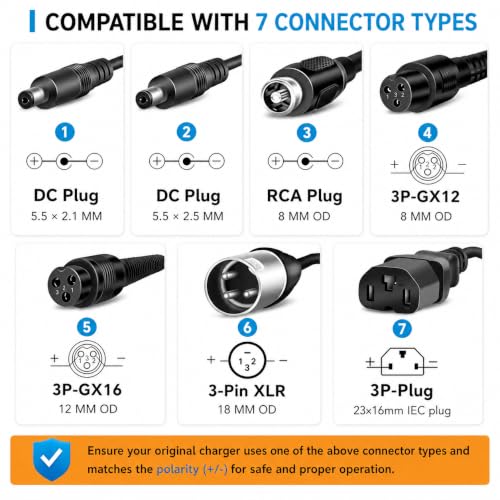 54.6V 2A Lithium-Ion E-Bike & Scooter Charger with 7 Connectors - Lab-Tested Safety