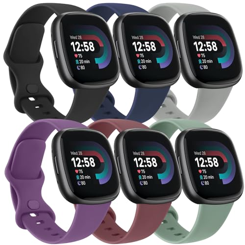 6 Pack Fitbit Versa & Sense Watch Bands - Black, Navy Blue, Gray, Dark Purple, Wine Red, Cactus Large