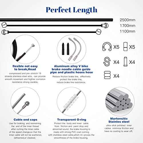 Universal Bike Brake Cable Housing Kit With 1 Set Bicycle Brake Line, 2 Pieces V Bike Brake Noodle Cable Guide Pipe and End Caps accessories for MTB Mountain Bike or Road Bikes Bicycle Cycling, Black