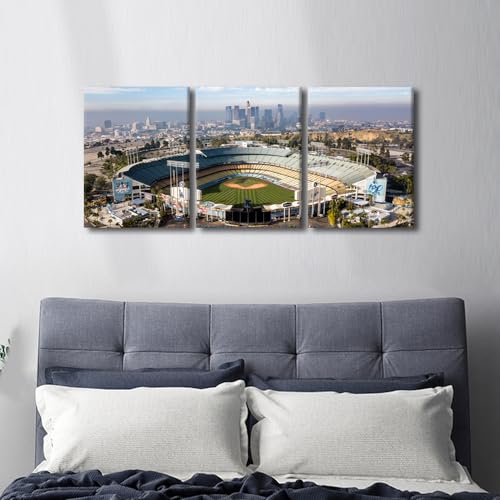 Los Angeles California Panoramic Skyline Cityscape Aerial over Dodger Stadium Painting for Living Room Decor HD Prints on Canvas Giclee Artwork Framed 3 Panels Ready to Hang, 36" Wx16 H