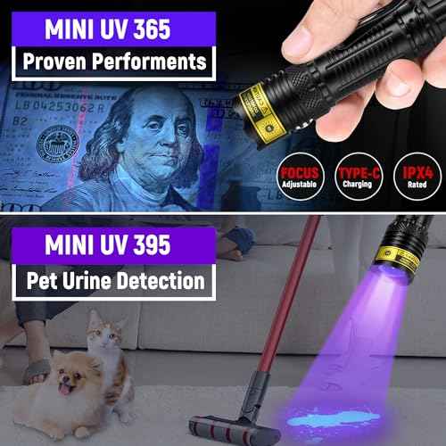 DARKDAWN UV Flashlight 365&395nm Black Light Mini USB Rechargeable Ultraviolet LED Blacklight Woods Lamp Powerful Fluorescent Portable Detector for Pet Urine Stains, Money, Resin Curing£¨2 Pack£©