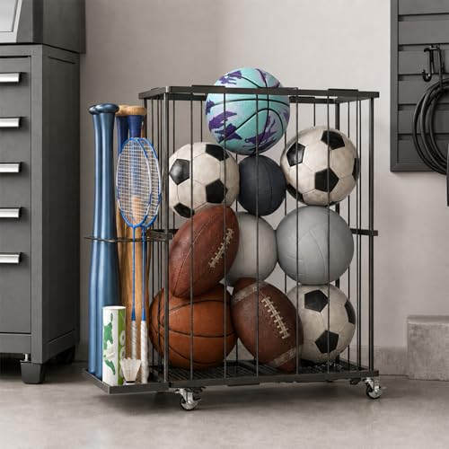 ClookRack Black Large Garage Ball Storage Rack with Wheels, Sports & Toy Organizer