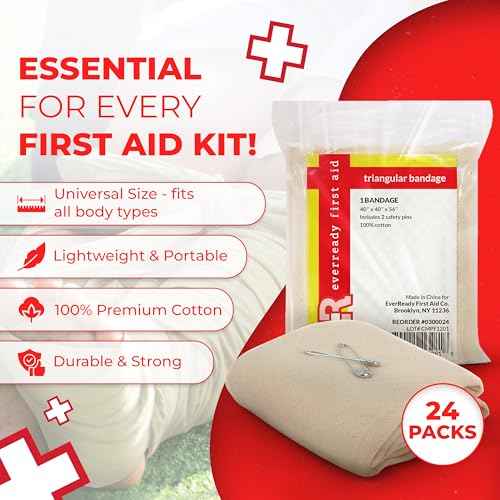 Triangular Bandage, 40" x 40" x 56", 100% Cotton, Individually Wrapped with 2 Safety Pins Per Bandage, Multi-Purpose Sling & Dressing for First Aid Kits ? 24 Pack