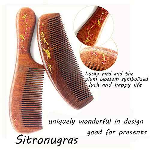 Handmade Wooden and Natural Sandalwood Combs Set - Detangling Fine Tooth Comb with Handle for Women, Anti Static Moon Shape Comb for Straight, Wavy, Dry, Thick or Fine Hair