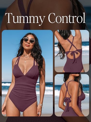Women's Tummy Control One-Piece Swimsuit Crossback Bathing Suit Large Purple Brown