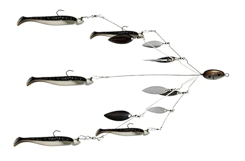 Umbrella Rig Bass Lure Set - 5 Arms, 8 Willow Blades, 5 Swim Baits & 5 Jig Heads