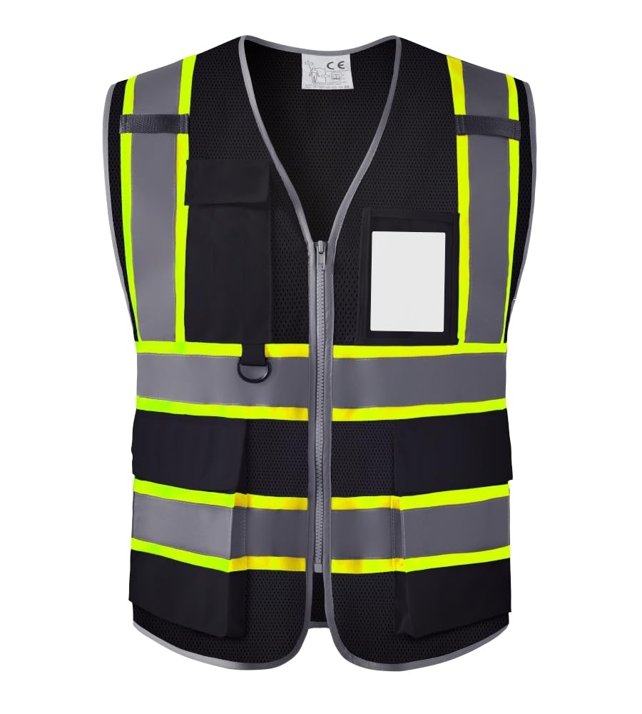 IDOU Black Hi Vis Safety Vest for Security Men Women, Reflective Work Vest with 8 Pockets, Zipper & Breathable Mesh/L