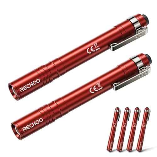 RECHOO LED Pen Light 4 Pack, Lightweight, Small Bright Pen Flashlight with Clip, Waterproof Portable Pocket Flashlight for Home, Emergencies, Inspection, Red (Battery Included)
