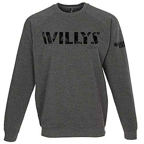 Jeep Mens Willys Crew Sweatshirt Grey, 2 classic logos, Licensed and Authentic