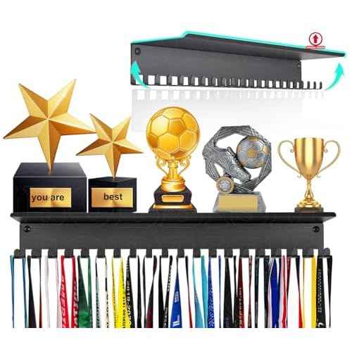 Metal Medal Hanger Display,Non-Slip Trophy Shelf with 20 Hooks,Wall Mount,Heavy Duty,Non-Bent,Holds 22-33lbs,for Gymnastics,Race,Soccer,Swim