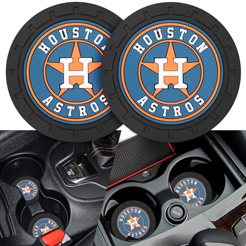 2PCS Car Cup Holder Coasters - Houston Astros Baseball Fan Accessories - Non-Slip Silicone Inserts with Team Logo - Vehicle Interior Decor