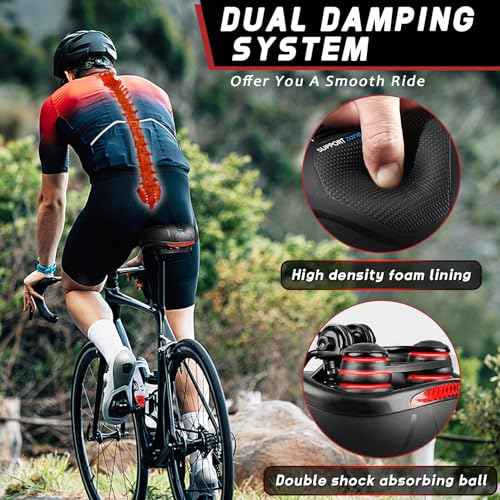 Comfortable Bike Seat, Bike Saddle with Memory Foam Padded, Wide Bicycle Seat with Dual Shock Absorbing and Night Reflective Strips for Men Women