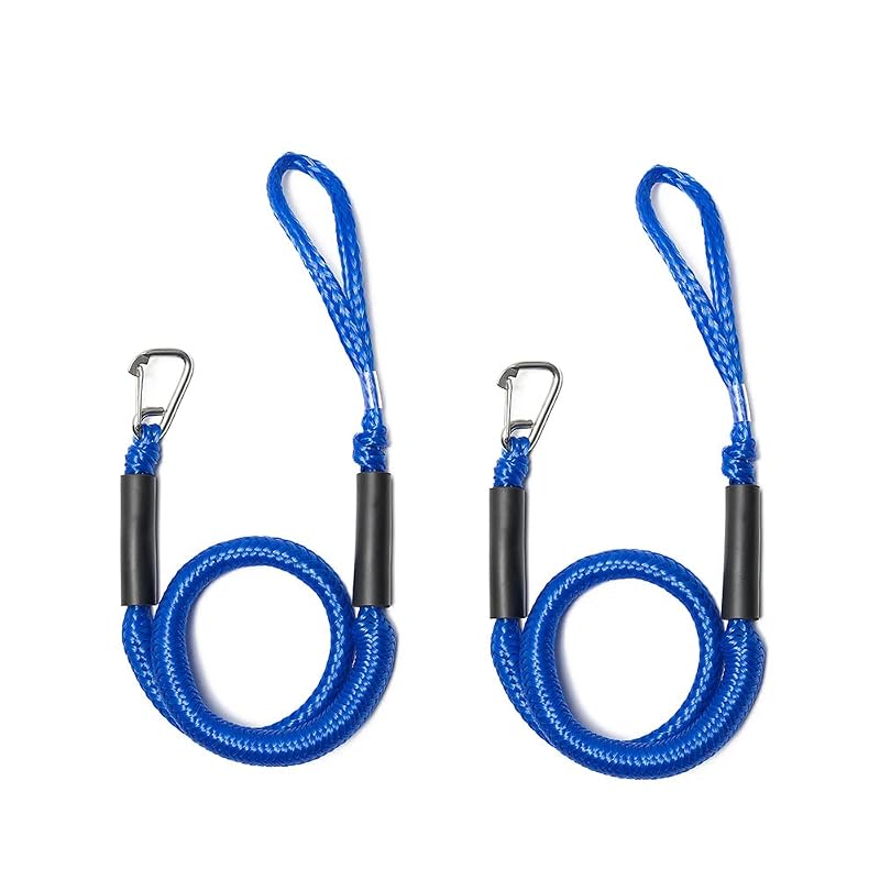 Bungee Dock Line with 316 Stainless Steel Hook, Foam Float — 4ft to 5.5ft, 2 Pack, Blue