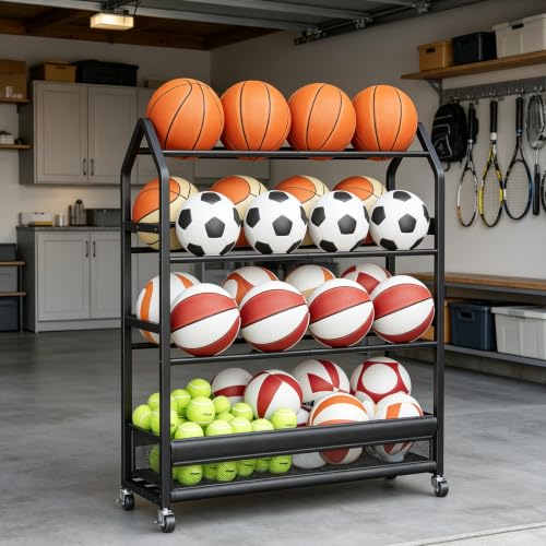 Homeiju Sports Equipment Organizer with 4-Tier Ball Storage & Hooks