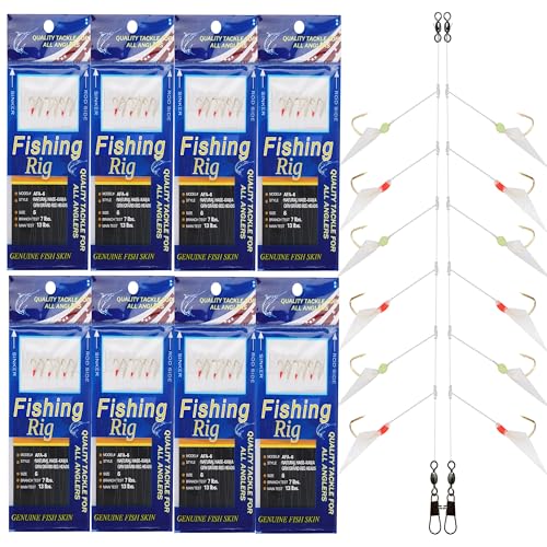 Saltwater Surf Fishing Rigs with Real Fish Skin Glow Beads Hooks Swivels - Size 4, 8 Pack - Type A