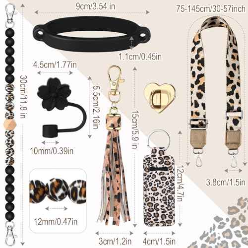 Skylety 7 Pcs Leopard Silicone Cup Accessory Set Compatible with Stanley Cup Leopard Beaded Bottle Strap Carrying Strap Lipstick Holder Tassel Charm Straw Cover Bottle Ring 8-40 oz Tumbler(Black)