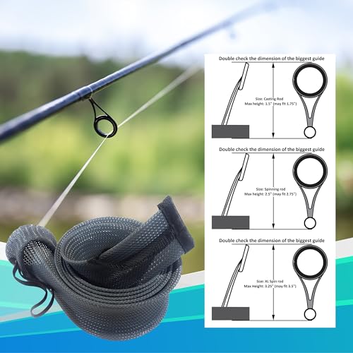 Fishing Rod Sleeves and Covers - Breathable Mesh, Elastic Band, XL Spin, Point End, 2.5" x 67" Black/Blue