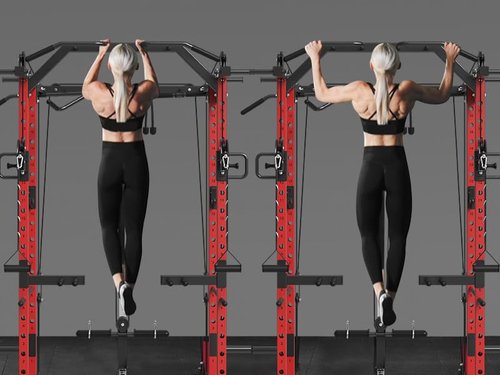 Mikolo Power Cage Power Rack with Cable Crossover System, 1500LBS Squat Rack,with LAT Pull Down System, Home Gym Packages with Weight Bench, Olympic Barbell Weight Set-Red