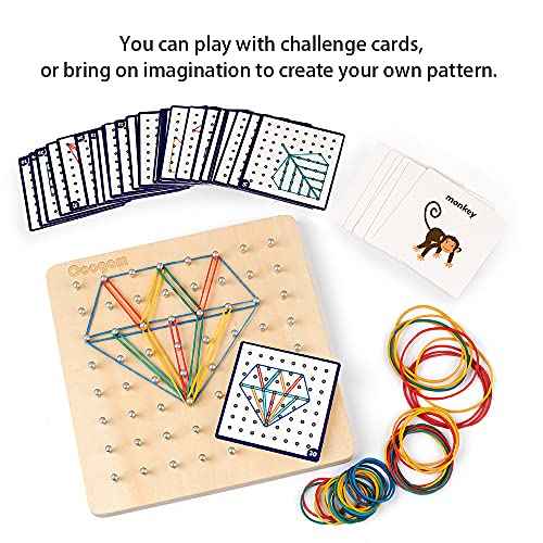 Coogam Wooden Geoboard Mathematical Manipulative Material Array Block Geo Board ? Graphical Educational Toys with 30Pcs Pattern Cards and Latex Bands Shape STEM Puzzle Matrix 8x8 Brain Teaser for Kid
