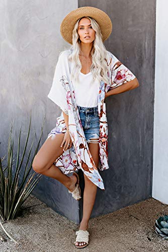 Women's Boho Sheer Kimono Cover Up - White Floral, One Size