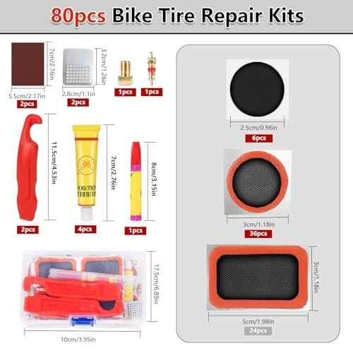 80pcs Bike Tire Repair Kit, Self-Adhesive Bike Tire Patch Kit, Bike Tool Kit with Portable Storage Box and Valve Converter, Bike Repair Kit for Mountain Bikes, Commuter Bikes, Motorcycles