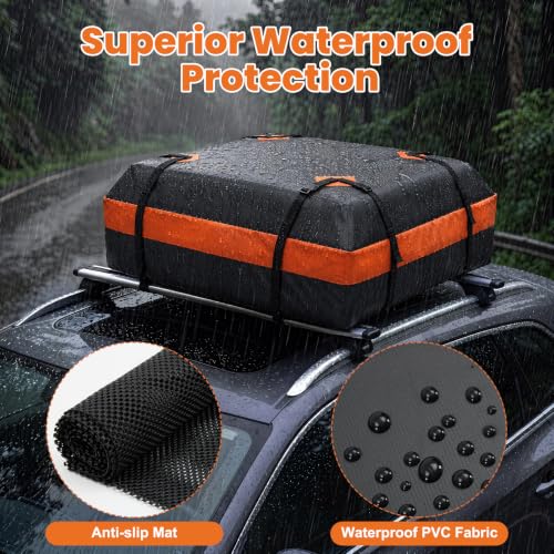 KMFurnila Waterproof Car Roof Cargo Carrier Bag - 15 Cu Ft, Dark Orange