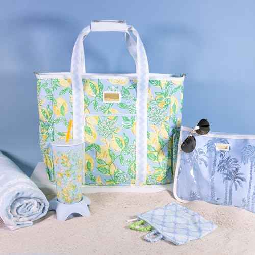 Lilly Pulitzer Yellow Picnic and Beach Cooler, Insulated Bag with Adjustable Shoulder Strap and Zipper, Large Soft Cooler for Groceries or Travel, Make Lemonade