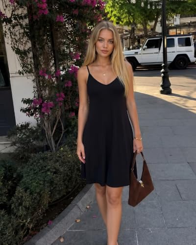 Women Spaghetti Strap Summer Dress Beach Sundresses Large Black - JOELLYUS
