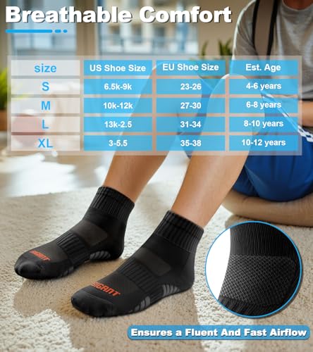 Kids Boys Ankle Socks 6 Pairs Athletic Cushion Seamless Toe X-Large - Black