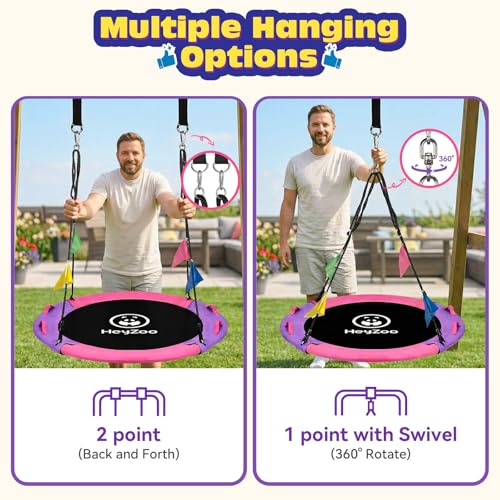 Kids & Adults Saucer Tree Swing - Pink & Purple, 43 Inch, 900LBS Capacity, 360° Swivel Outdoor Play Equipment