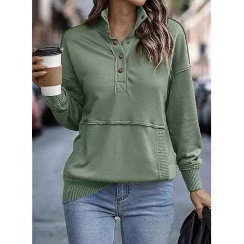 SHEWIN Women's Casual Long Sleeve Stand Neck Sweatshirt Lightweight Button Drawstring Pullover Tops